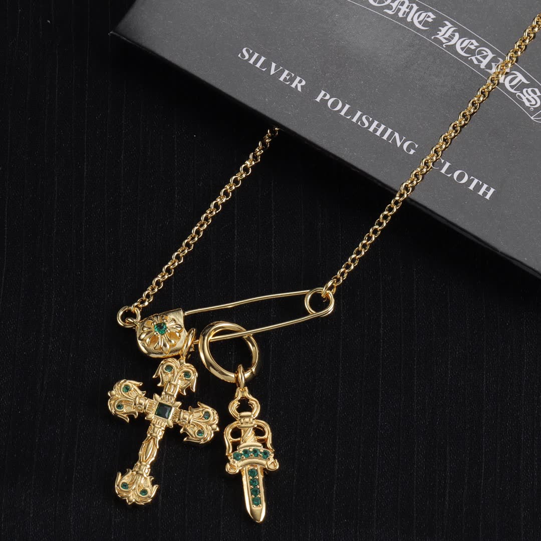 Chrome Hearts Gold Plated Cross and Dagger Charm Necklace